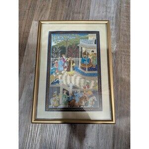Vintage hand painted mughal court scene miniature painting Gouache on Silk